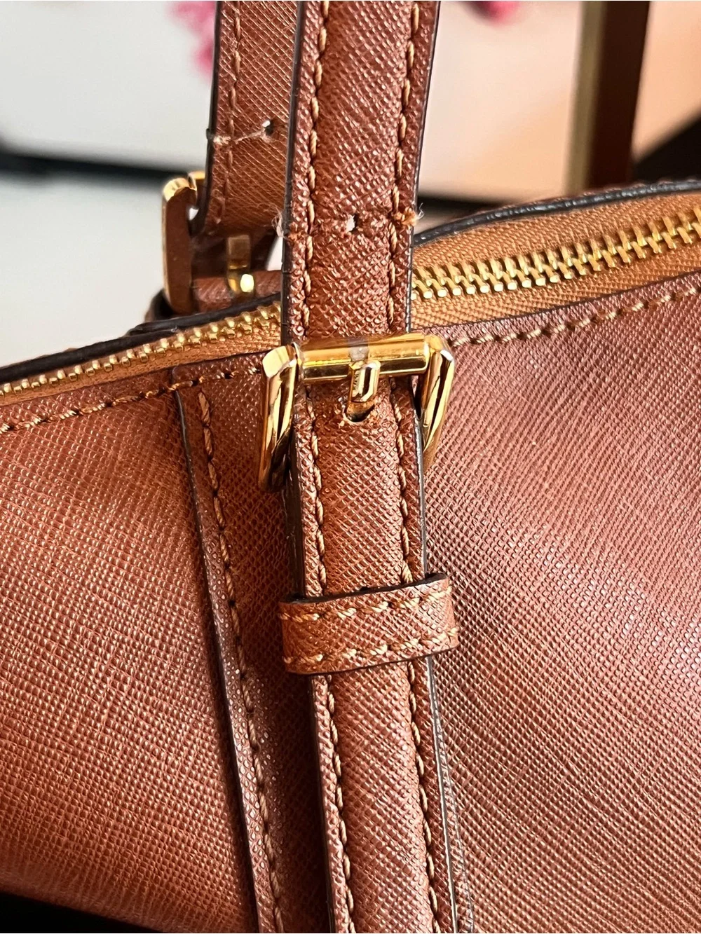 Michael Kors Brown Leather Saffiano Tote with Gold Logo Charm